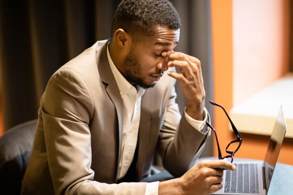 Frustrated businessman after having virtual address rejected by banks and payment processors