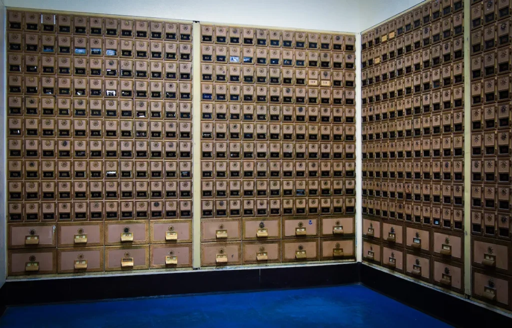 rows of PO boxes in Post Office