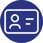 Icon representing a business card within a dark blue circle.