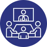 Icon depicting a conference room within a dark blue circle