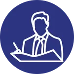Icon for registered agent - icon of a professional with paperwork within a dark blue circle