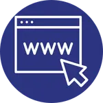 Icon representing website service within a dark blue circle.