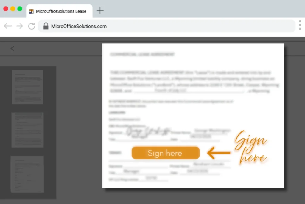 Screenshot browser mockup of MicroOffice Solutions commercial lease agreement ready for digital signature, with sign here button highlighted