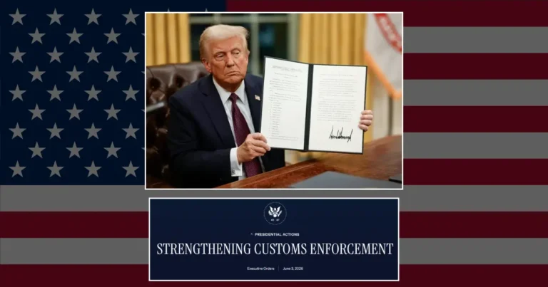 President Trump holds up a signed executive order titled 'Strengthening Customs Enforcement' in the Oval Office, dated June 3, 2026, displayed over a White House Presidential Actions graphic and American flag background. This order affects foreign importers of record in 2026.