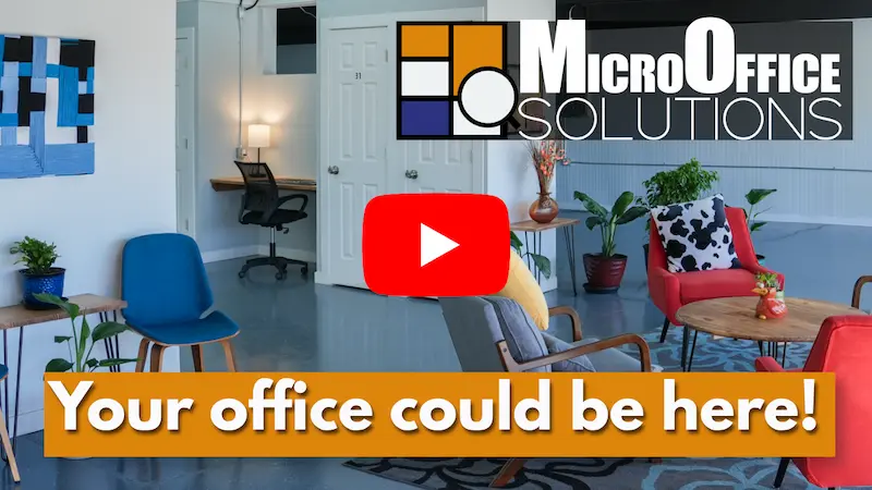 YouTube Thumbnail of a video walkthrough - showing the front lobby of MicroOffice Solutions in Casper Wyoming with the caption your office could be here!